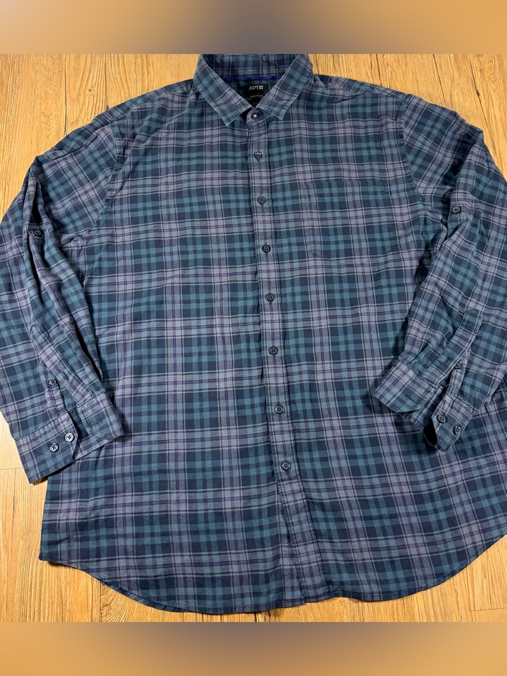 Apt 9 Mens XL Plaid Flannel Shirt Modern Fit Soft Touch Teal Navy Purple